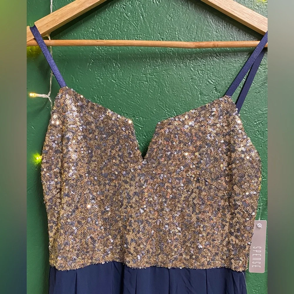 Navy Maxi Dress with Gold Sequin Bodice - Sparkle Evening Gown - Picture 3 of 5